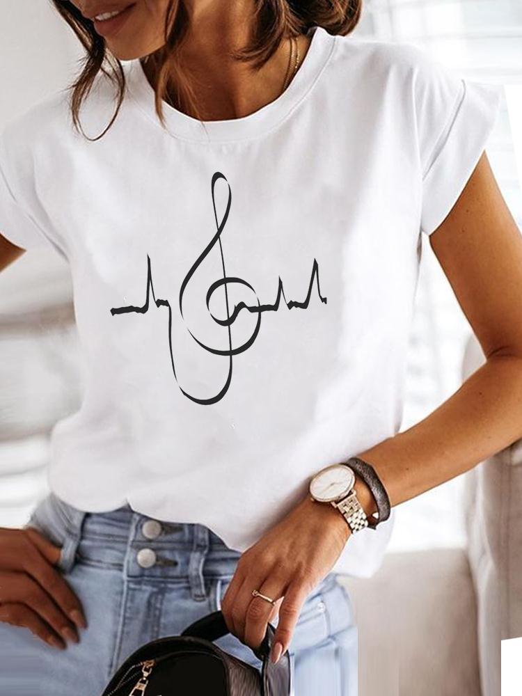 Clothing Fashion Tee Women T-shirt Summer Short Sleeve Print Clothes Music Sweet Trend Cute Graphic T Shirt Female Top