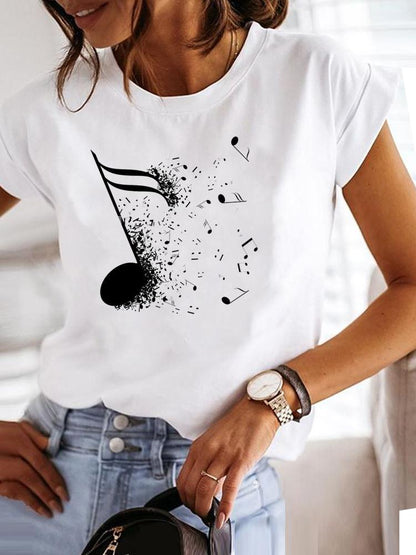 Clothing Fashion Tee Women T-shirt Summer Short Sleeve Print Clothes Music Sweet Trend Cute Graphic T Shirt Female Top