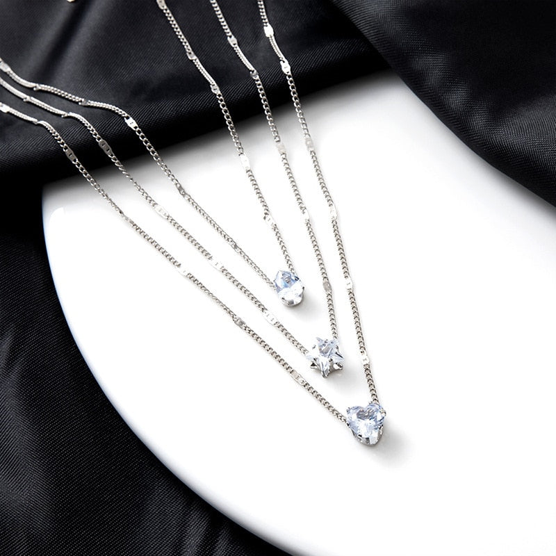 Crystal Zircon Heart Star Charm Layered Pendant Necklace Set for Women Charms Fashion Square Rhinestone Female Vintage Jewelry Style 2