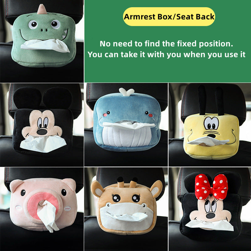 Cute Cartoon Car Tissue Box Plush Napkin Holder Universal Auto Home Room Paper Case Animal Decoration Bracket