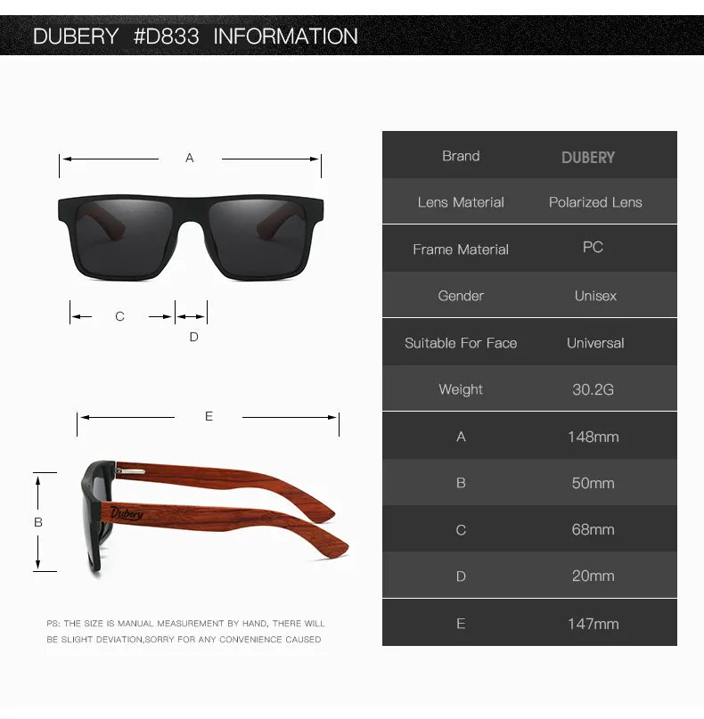 DUBERY Natural Wooden Sunglasses Men Polarized Fashion Sun Glasses Original Wood Oculos De Sol Masculino UV400 833