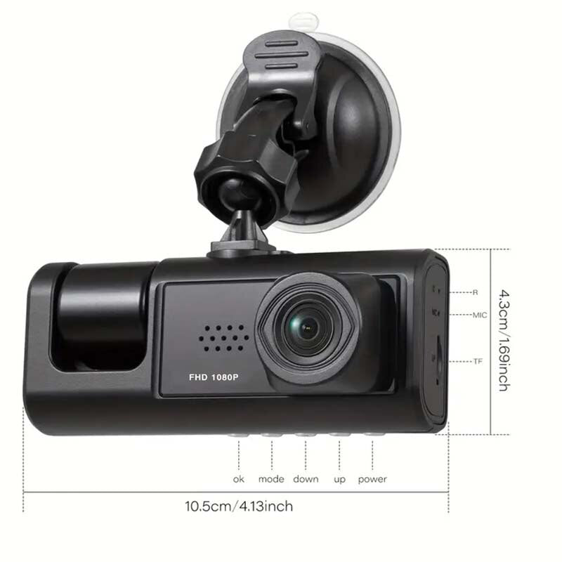 Dash Cam W/ IR Night Vision Loop Recording & IPS Screen 1080P 3 Camera