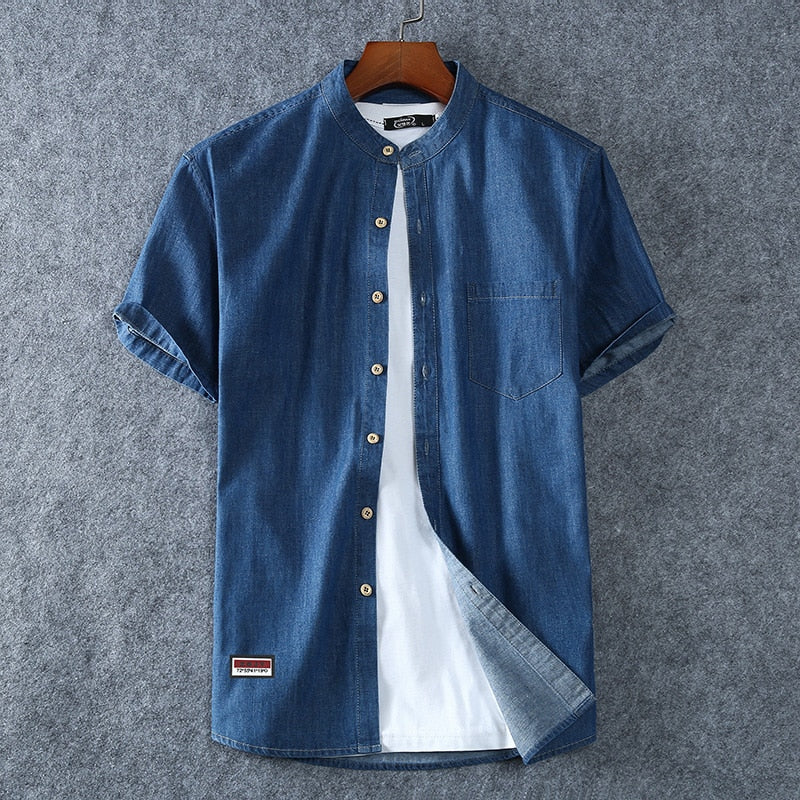 Denim COTTON Shirt For Men's Short Sleeves Summer Style Fashion Casual Clothing 1185 DARK BLUE