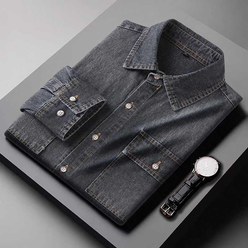 Denim Cotton Shirt For Men's Long Sleeves Spring Autumn Style Fashion Casual Clothing
