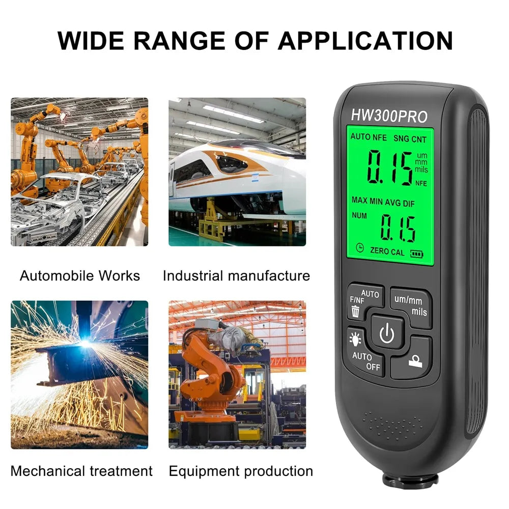 Electroplate Metal Coating Thickness Tester HW-300 Digital 0-2000um Fe and NFe Probe Car Paint Coating Thickness Gauge