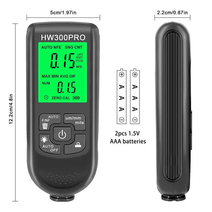 Electroplate Metal Coating Thickness Tester HW-300 Digital 0-2000um Fe and NFe Probe Car Paint Coating Thickness Gauge