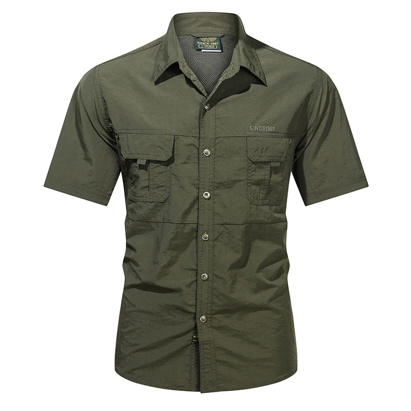 Fashion Autumn Spring Clothes Green Khaki Cargo Military Brand Shirts For Mens Short Sleeves Casual Blouse Oversize