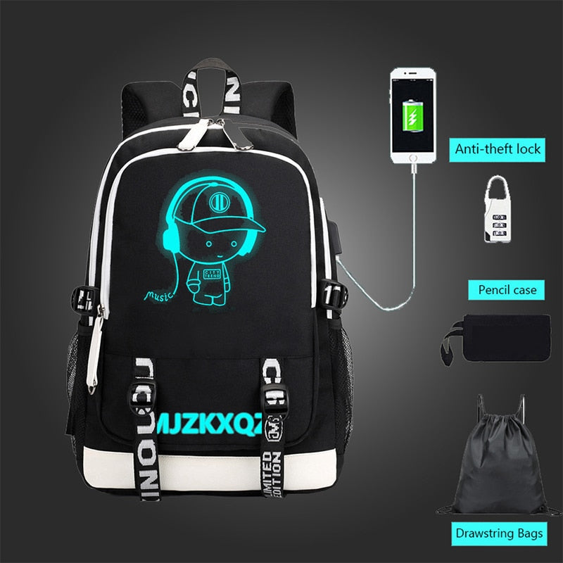 Fashion Music Luminous USB Charging Headphone Jack Backpack School Bags Laptop Backpack Schoolbag Anime Backpack Photo color 2