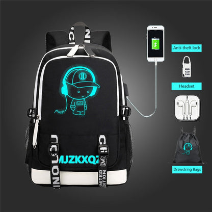 Fashion Music Luminous USB Charging Headphone Jack Backpack School Bags Laptop Backpack Schoolbag Anime Backpack Photo color