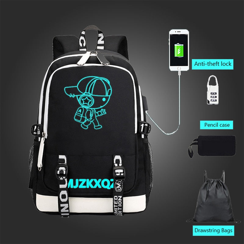 Fashion Music Luminous USB Charging Headphone Jack Backpack School Bags Laptop Backpack Schoolbag Anime Backpack Photo color 3