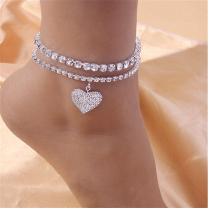 Fashion Silver Color Rhinestone Double Heart Anklet for Women Bling Hollow Out Love Foot Ankle Leg Bracelet Chain Jewelry AAAA