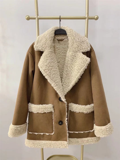 Fashion Thick Lamb Wool Fur Fleece Coat Women Casual Loose Lapel Locomotive Jacket Spring Female Street Teddy Coat