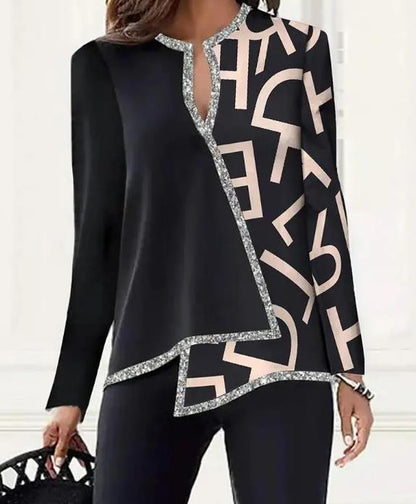 Fashion Woman Blouses Autumn Colorblock Abstract Print Asymmetrical Hem Casual V-Cut Long Sleeve Daily T-Shirt Top C