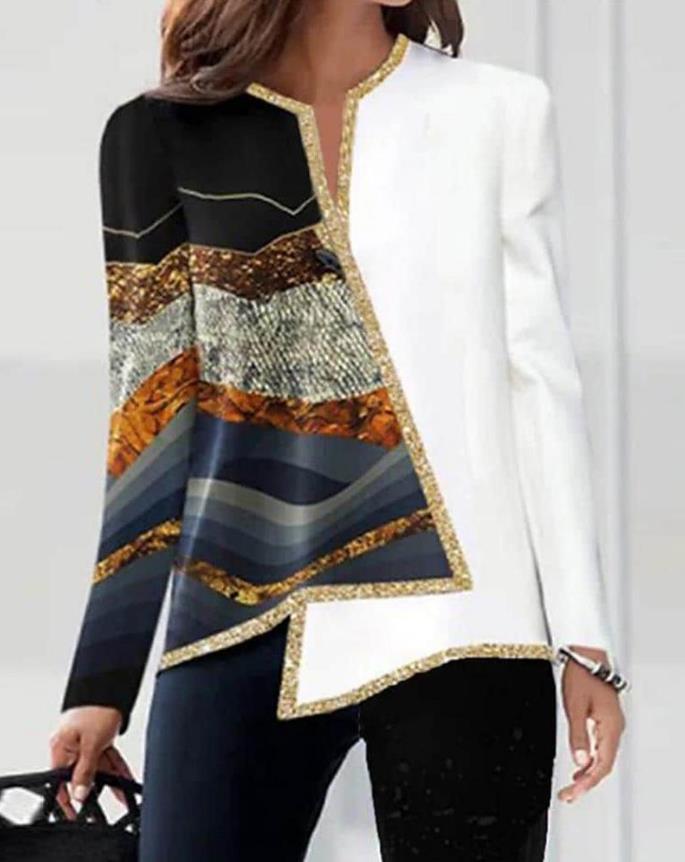 Fashion Woman Blouses Autumn Colorblock Abstract Print Asymmetrical Hem Casual V-Cut Long Sleeve Daily T-Shirt Top