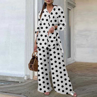 Fashion Women Leopard Print Pant Sets Casual Loose Tops and Pant Outfits Autumn Wide Leg Pant Leisure Two Piece Sets (Dot)White China