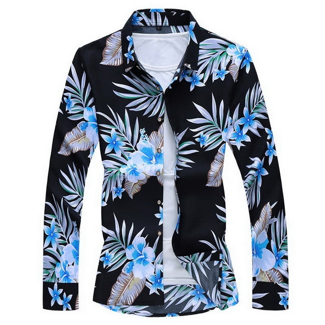Fashions Autumn Spring Clothes Long Sleeves Shirt Men Plus Hawaiian Beach Casual Floral 253 ASIAN SIZE