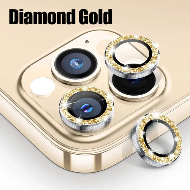 For IPhone 15 Pro Max Diamond Metal Camera Protector for IPhone Mini Camera Protector 3PCS/Set Lens Protection Glass Gold Diamond