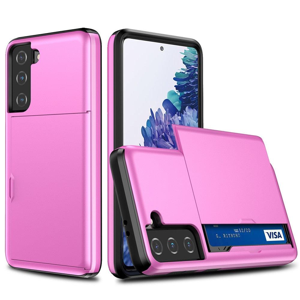 For Samsung S21 Plus Case Galaxy S22 Ultra Cover Hybrid Tough Slide Wallet Card Armor Case For Samsung S21 Ultra S20 Plus Case Pink