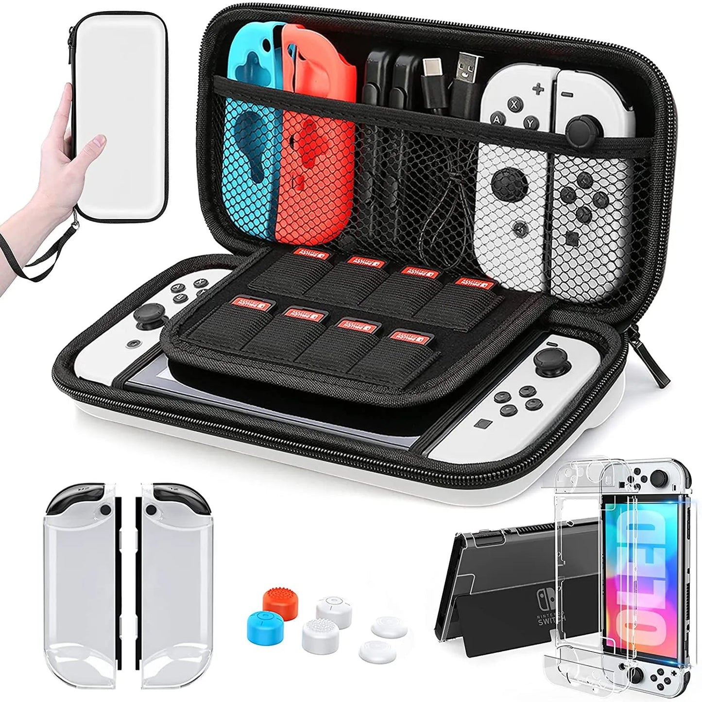 For Switch OLED Model Carrying Case 9 in 1 Accessories Kit for 2022 Nintendo Switch OLED Model with Protective Case White