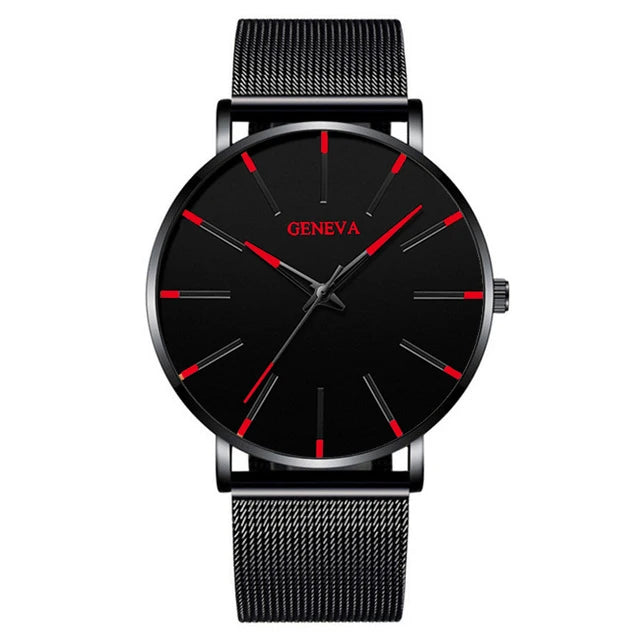 2023 Minimalist Men&#39;s Fashion Ultra Thin Watches Simple Men Business Stainless Steel Mesh Belt Quartz Watch relogio masculino Mesh Black Red