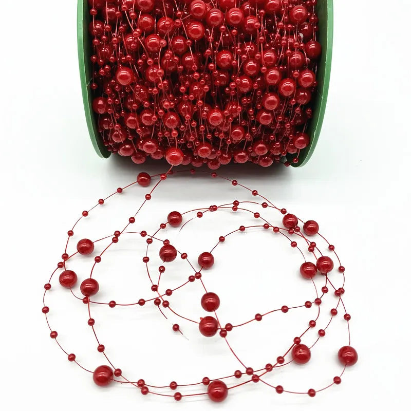 2 Yards 8+3mm Christmas Decoration Fishing Line Artificial Pearls Beads Chain Garland Flowers Wedding Party Decoration #Ro Red