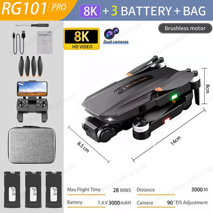 NEW RG101 MAX GPS Drone 8K Professional Dual HD Camera FPV 3Km Aerial Photography Brushless Motor Foldable Quadcopter Toys RG101 PRO 8K 3B Bag CHINA