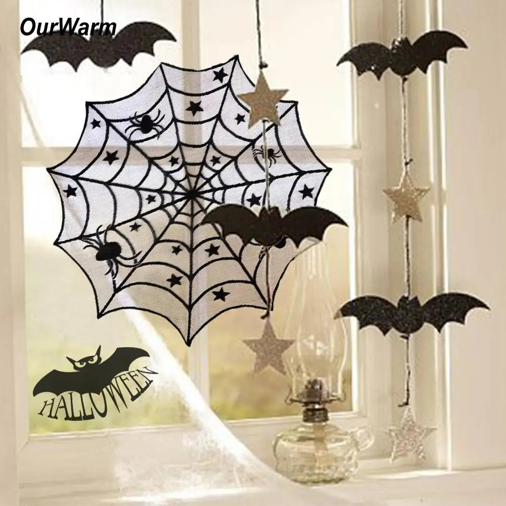 Ourwarm Halloween Party Black Lace Spiderweb Table Cloth 100cm Table Covers Window Hanging Horror Halloween Party Decoration