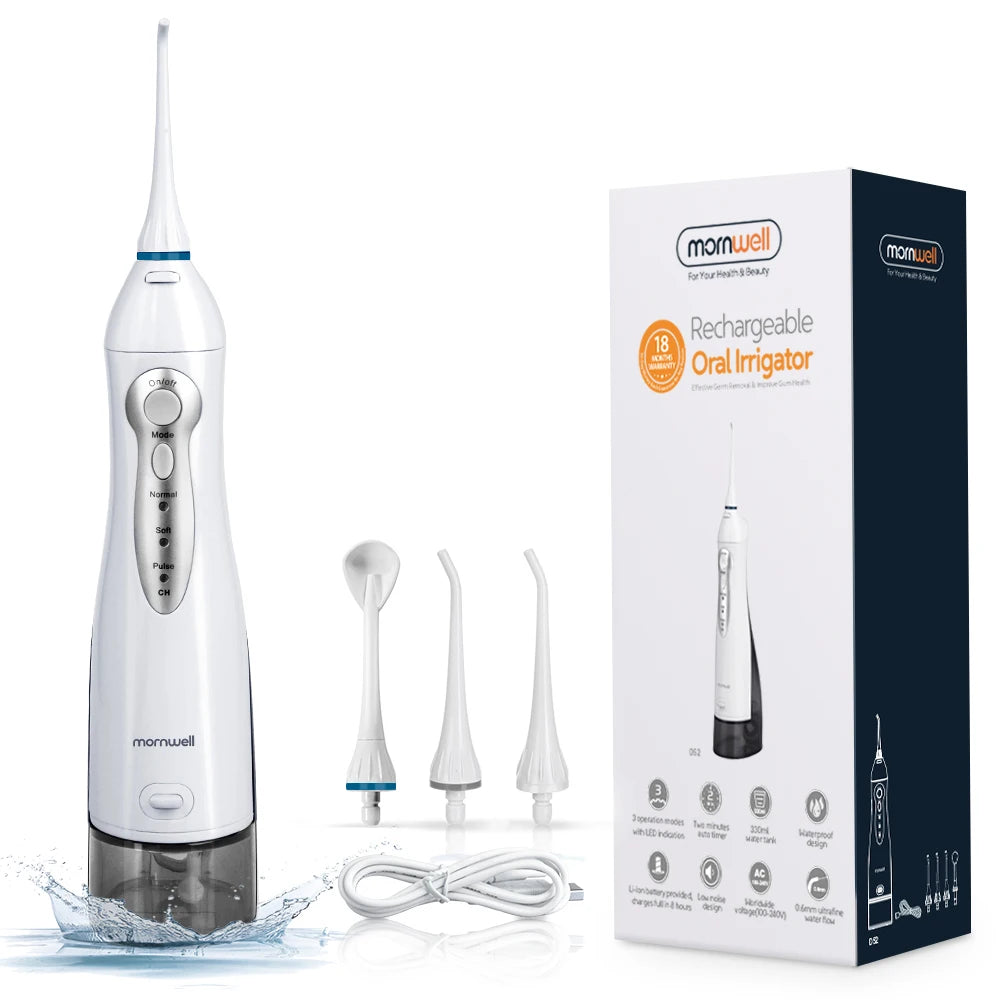 Oral Irrigator USB Rechargeable Water Flosser Portable Dental Water Jet 300ML Water Tank Waterproof Teeth Cleaner D52 White