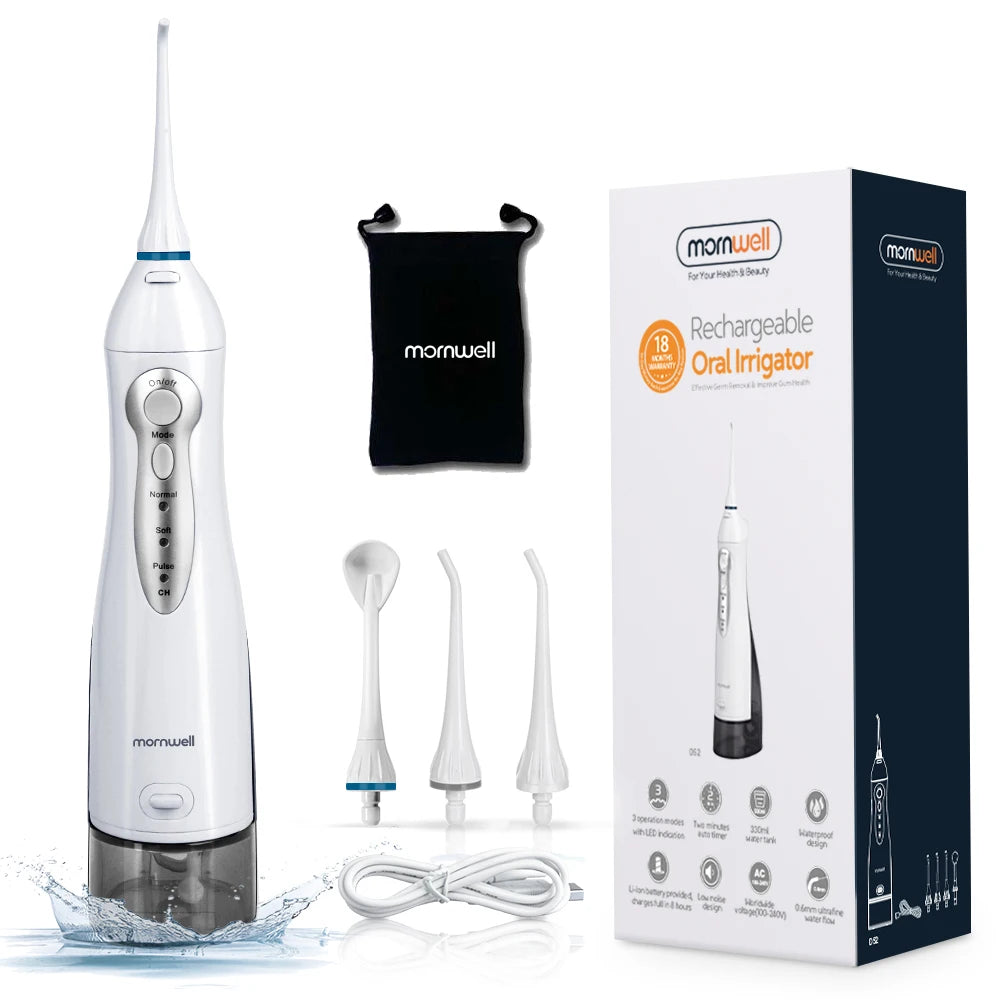 Oral Irrigator USB Rechargeable Water Flosser Portable Dental Water Jet 300ML Water Tank Waterproof Teeth Cleaner D52 White And Bag