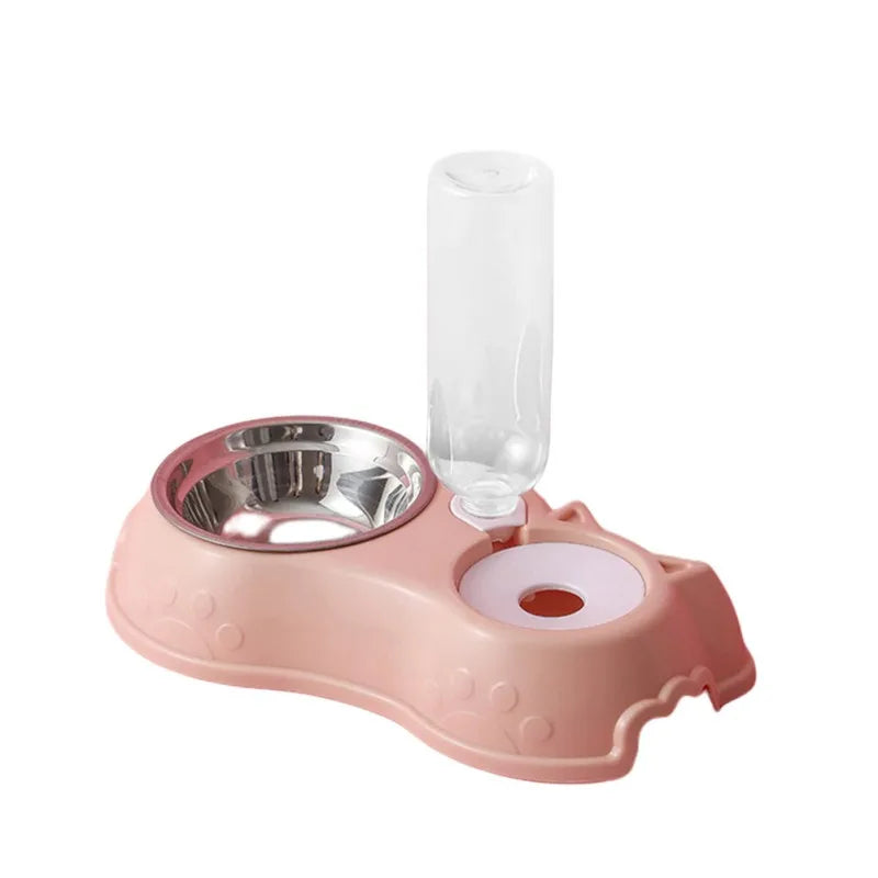 500ML Dog Bowl Cat Feeder Bowl With Dog Water Bottle Automatic Drinking Pet Bowl Cat Food Bowl Pet Stainless Steel Double 3 Bowl 2 in 1 Pink