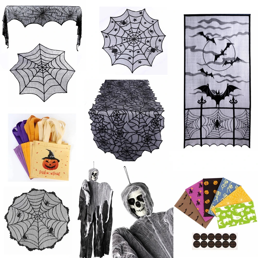 Ourwarm Halloween Party Black Lace Spiderweb Table Cloth 100cm Table Covers Window Hanging Horror Halloween Party Decoration