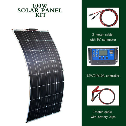 solar panel kit and 300w 200w 100w flexible solar panels 12v 24v high efficiency battery charger module 100w solar system