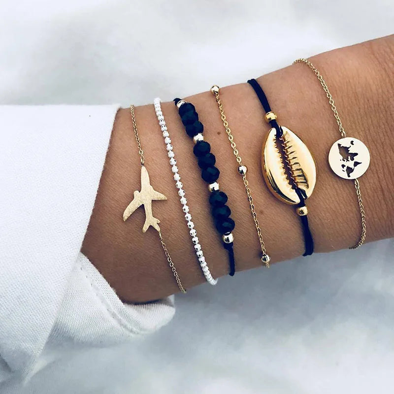 New Bohemian Black Rope Chain Bracelet Set For Women aircraft Shell Moon Heart crystal Charm Bangle Boho Jewelry