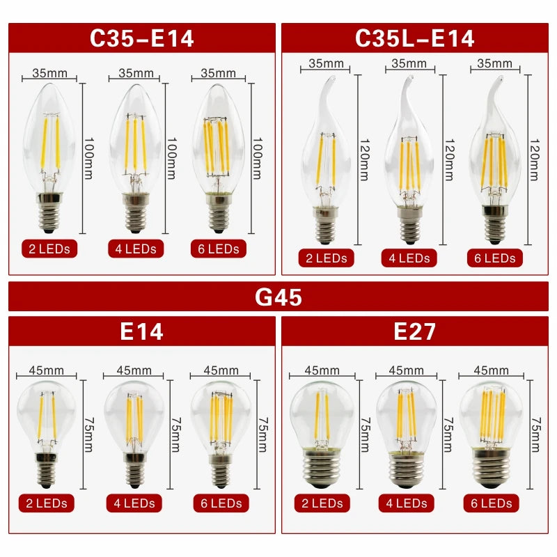 2pcs E27 E14 Retro Edison LED Filament Bulb Lamp AC220V Light Bulb C35 G45 A60 ST64 G80 G95 G125 Glass Bulb Vintage Candle Light