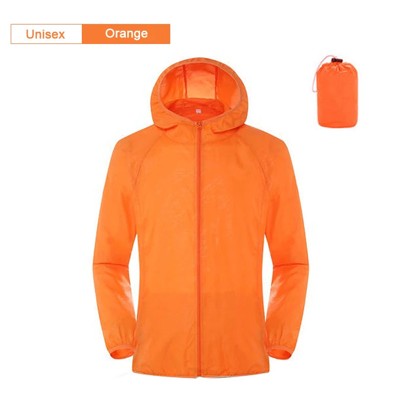 Camping Rain Jacket Men Women Waterproof Sun Protection Clothing Fishing Hunting Clothes Quick Dry Skin Windbreaker With Pocket Unisex-Orange