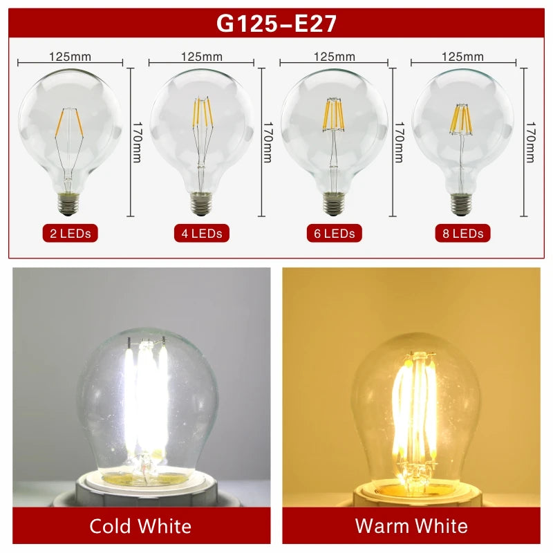 2pcs E27 E14 Retro Edison LED Filament Bulb Lamp AC220V Light Bulb C35 G45 A60 ST64 G80 G95 G125 Glass Bulb Vintage Candle Light