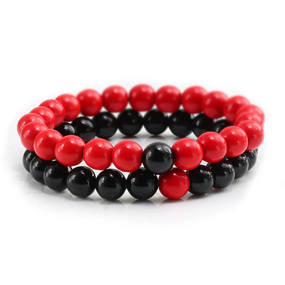 Set Bracelet Couples Distance Black White Natural Lava Stone Tiger Eye Beaded Yoga Bracelets for Men Women Elastic Rope Jewelry 8mm Light-red