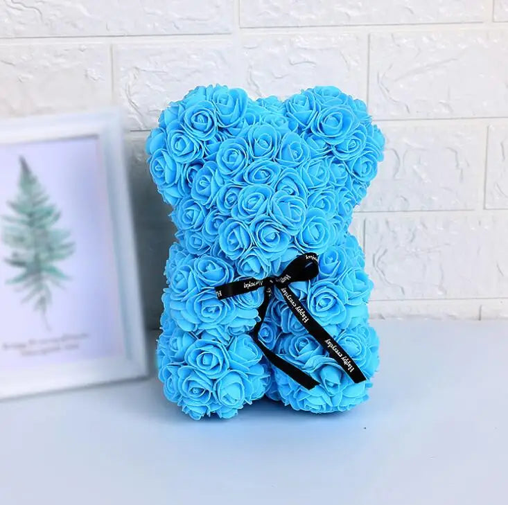 Artificial Flowers 25cm Rose Bear Girlfriend Anniversary Christmas Valentine's Day Gift Birthday Present For Wedding Party Sky Blue Without Crown