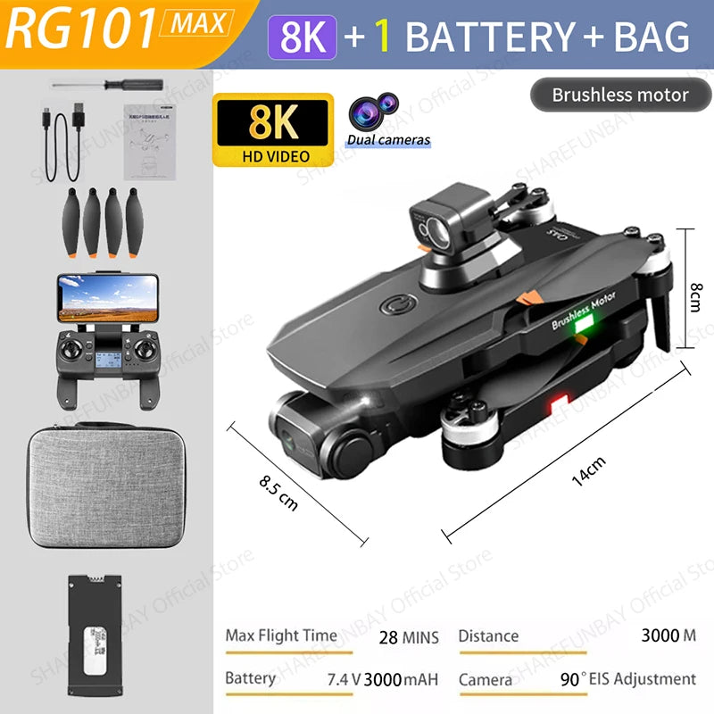 NEW RG101 MAX GPS Drone 8K Professional Dual HD Camera FPV 3Km Aerial Photography Brushless Motor Foldable Quadcopter Toys RG101 MAX 8K 1B Bag CHINA