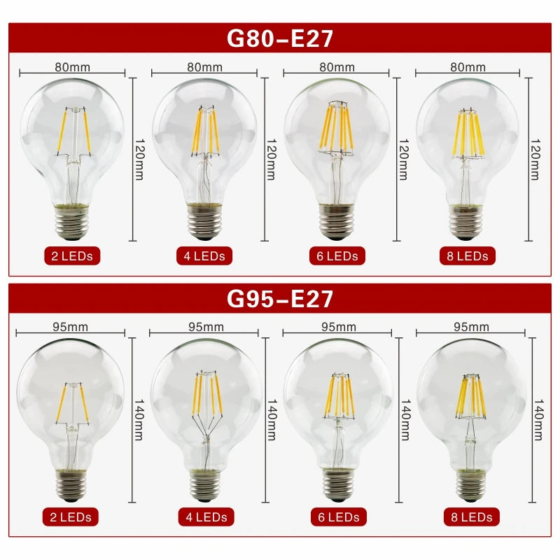 2pcs E27 E14 Retro Edison LED Filament Bulb Lamp AC220V Light Bulb C35 G45 A60 ST64 G80 G95 G125 Glass Bulb Vintage Candle Light