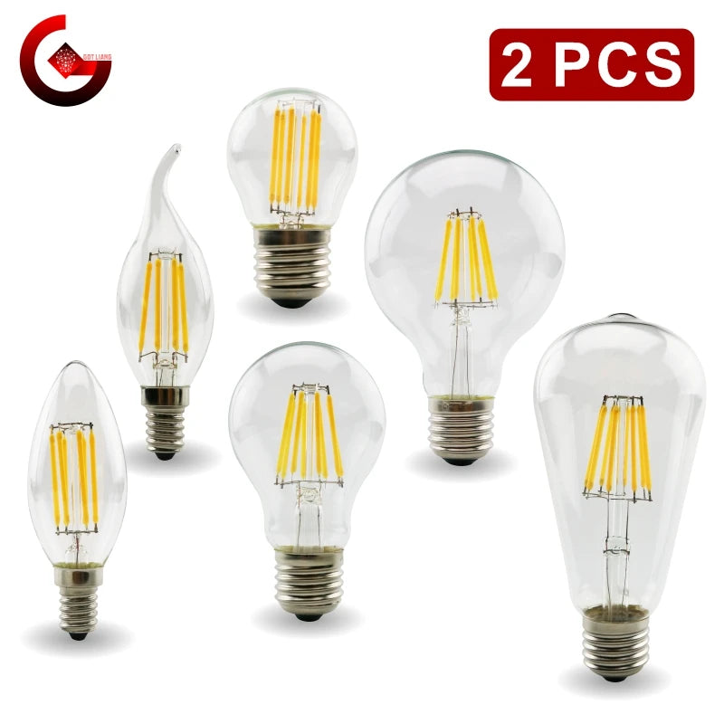 2pcs E27 E14 Retro Edison LED Filament Bulb Lamp AC220V Light Bulb C35 G45 A60 ST64 G80 G95 G125 Glass Bulb Vintage Candle Light