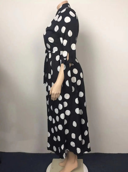 CM.YAYA Autumn Dot Print Button Up Plus Size XL-5XL Women Blousers Maxi Dress Vestidos Streetwear Long Dresses Vestidos