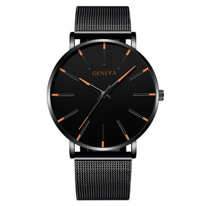 2023 Minimalist Men&#39;s Fashion Ultra Thin Watches Simple Men Business Stainless Steel Mesh Belt Quartz Watch relogio masculino Mesh Black Orange