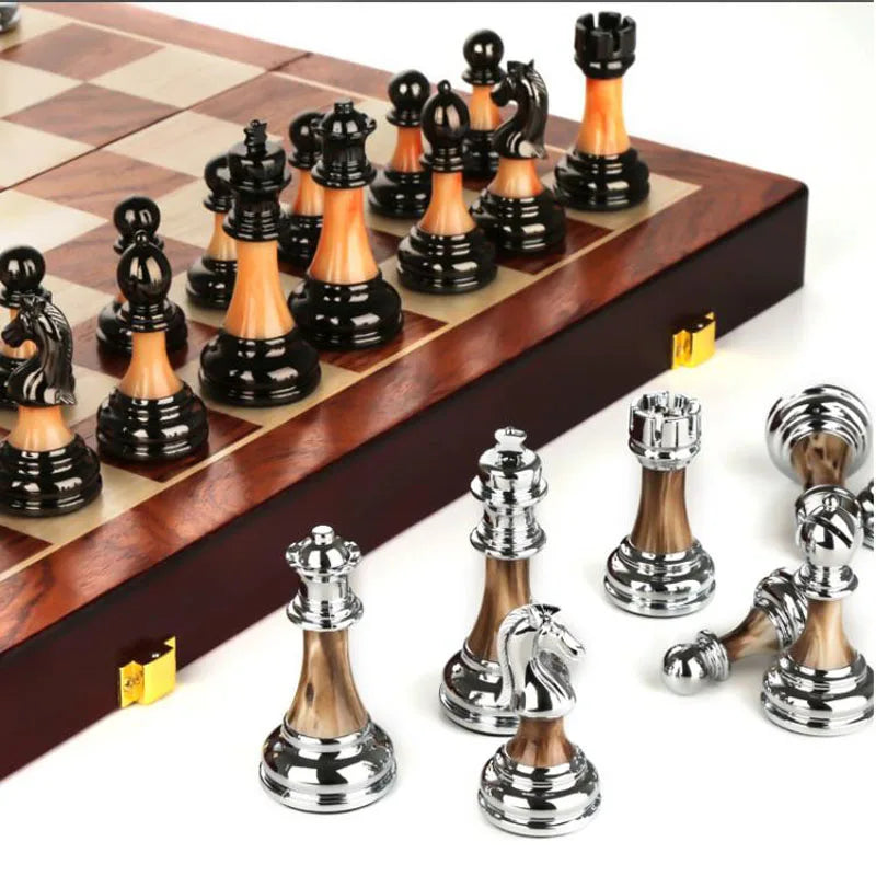 Luxury Metal Chess Figures 45CM Wooden Chess Set Professional Folding Family Classic Board Games Chess Home Ornaments Collection