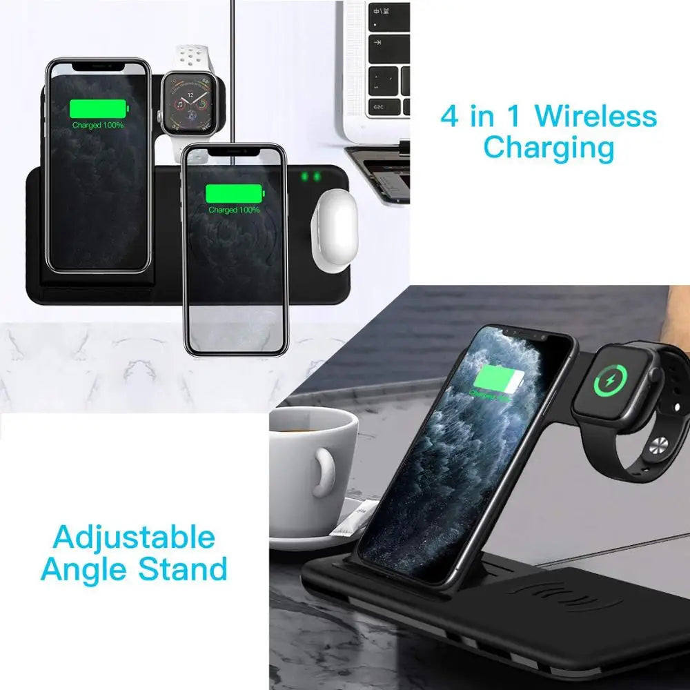 15W Fast Wireless Charger Stand For iPhone 14 13 12 11 8 Apple Watch 4 in 1 Foldable Charging Station for Airpods Pro iWatch