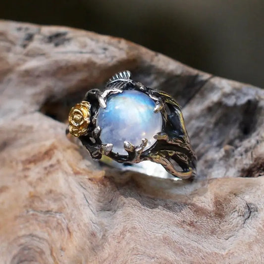 Vintage Moonstone Ring For Women Black Jewelry Gold Flower Finger Ring Female Charming Jewelry Wedding Statement Opal Ring Silver