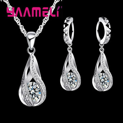 Hot Water Drop CZ 925 Sterling Silver Plated Jewelry Set For Women Pendant Necklace Hoop Earrings Wedding Party Ceremoey Anel White