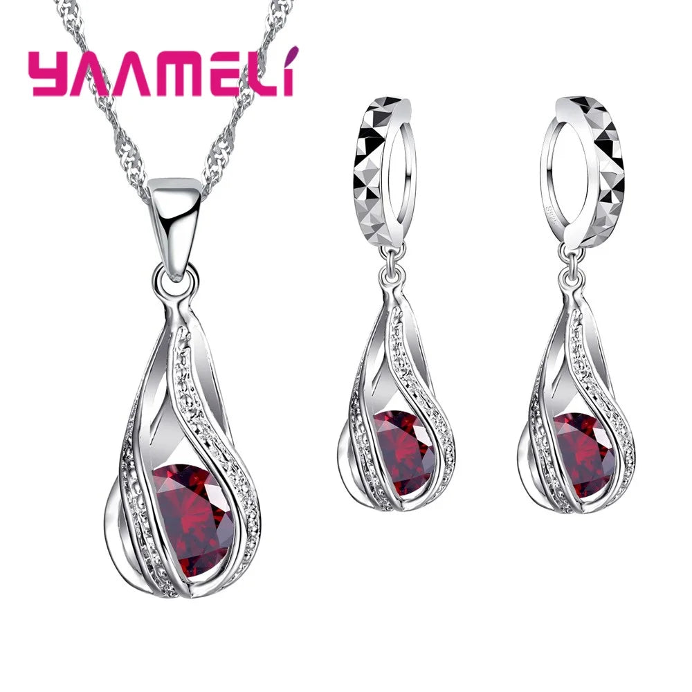 Hot Water Drop CZ 925 Sterling Silver Plated Jewelry Set For Women Pendant Necklace Hoop Earrings Wedding Party Ceremoey Anel Red