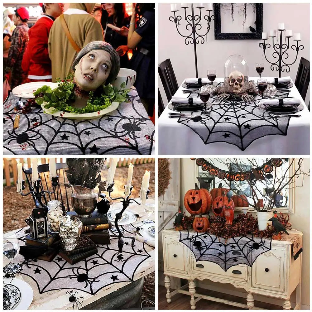 Ourwarm Halloween Party Black Lace Spiderweb Table Cloth 100cm Table Covers Window Hanging Horror Halloween Party Decoration