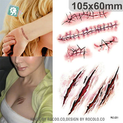 Halloween Waterproof Temporary Tattoos Paper For Men Women Boy Scar Wound Realistic Blood Injury Fash Tattoo Sticker